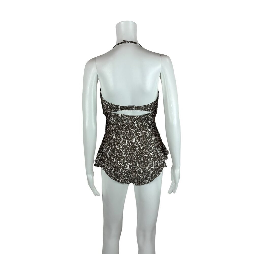 DKNY One Piece Swimsuit Women's Size 10 Brown White Lace Print Retro Pin Up - Picture 8 of 9